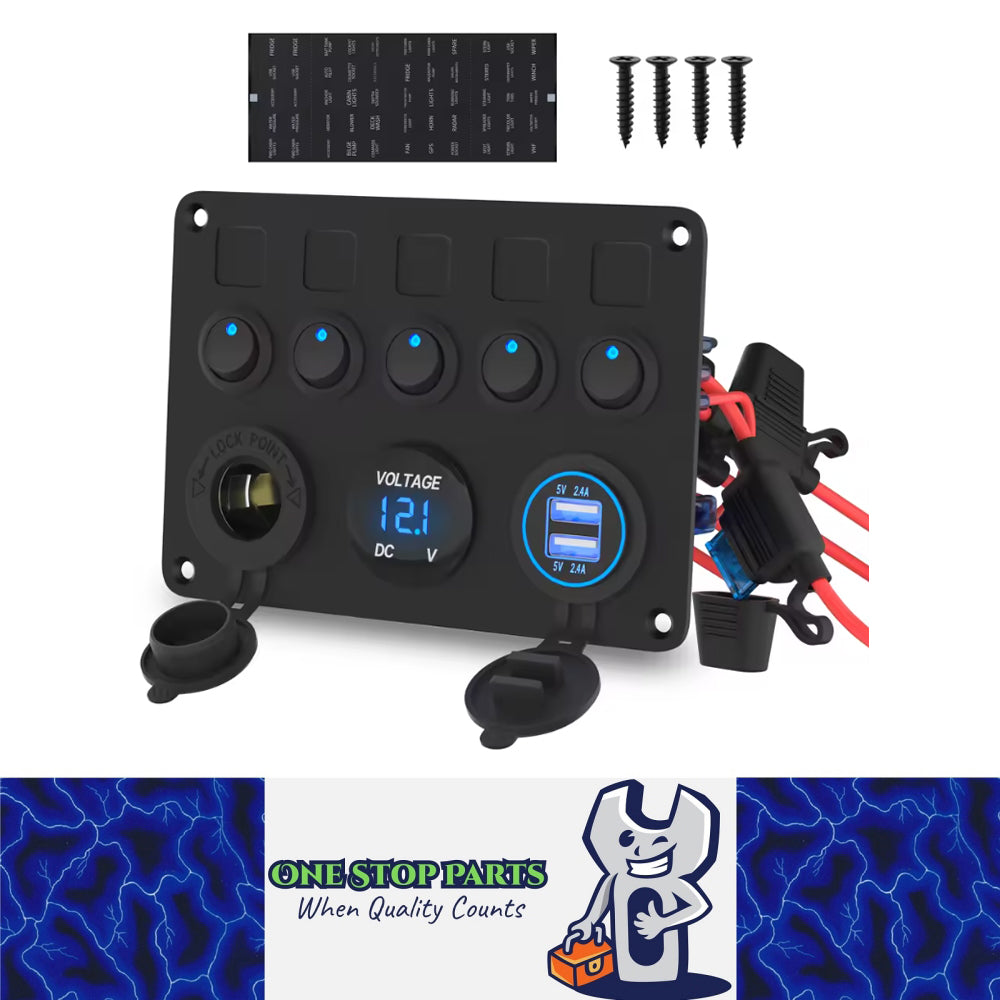 5 Gang Blue LED Rocker Switch Panel with 2.4A Dual USB Port 12V Outlet Voltmeter
