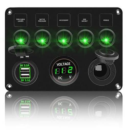 Pre Wired 5 Gang Switch Panel Usb Volt Meter Socket For Car Truck Marine (Green)