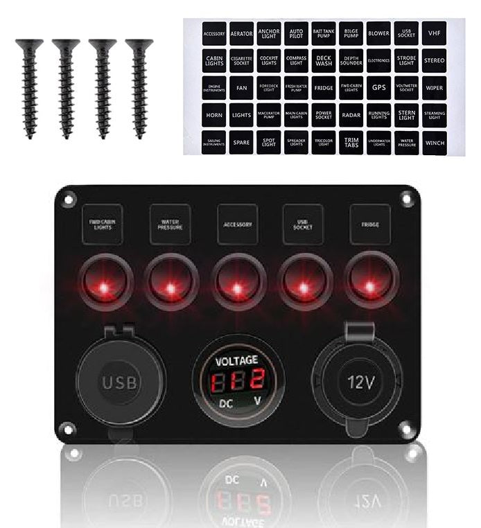 Pre Wired 5 Gang Switch Panel Usb Volt Meter Socket For Car Truck Marine (Red)