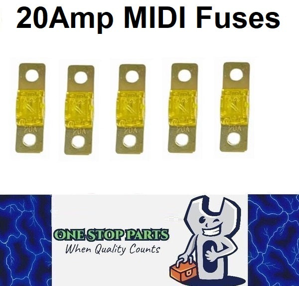 5 x 20A MIDI Fuses ANS 20 Amp Fuses 41mm x 12mm Yellow 4wd Caravan Fuses 5pcs
