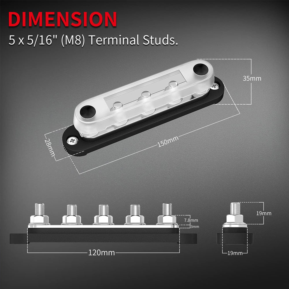 M8 Bus Bar 12V-48V 150A Power Distribution Block 5xM8 Posts Stud Terminal Block