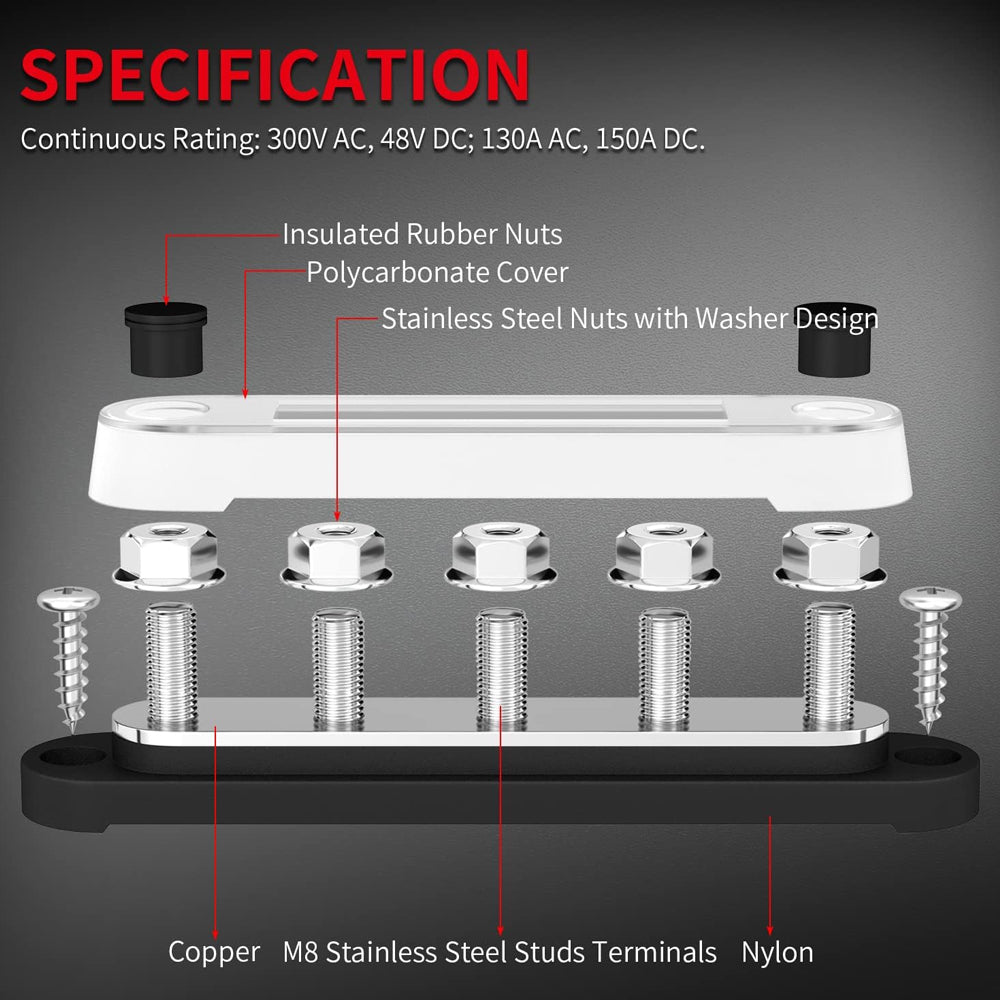 M8 Bus Bar 12V-48V 150A Power Distribution Block 5xM8 Posts Stud Terminal Block