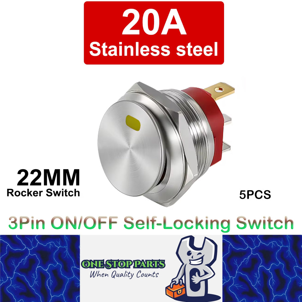 5 x Yellow LED 22mm Metal Rocker Switch 12-24V 20A 3Pin ON/OFF Self-Locking