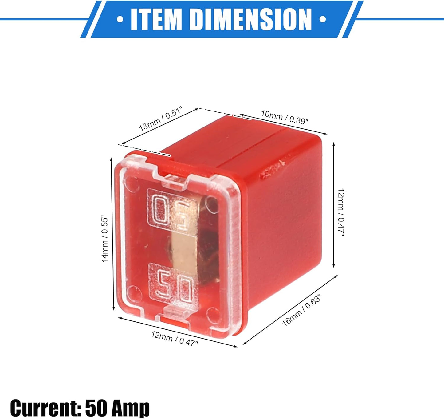 1 x 50Amp Red Mini Slow Blow Fuse Block 10mmx12mm x 16mm High 50A Fuse (1pc)