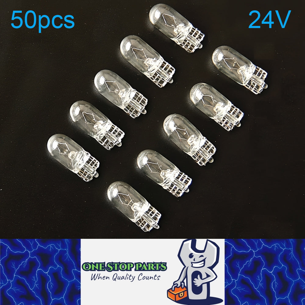 50 X 24V T10 5W WEDGE GLOBES 10MM BASE CLEAR INCANDECENT GLOBES 50PCS