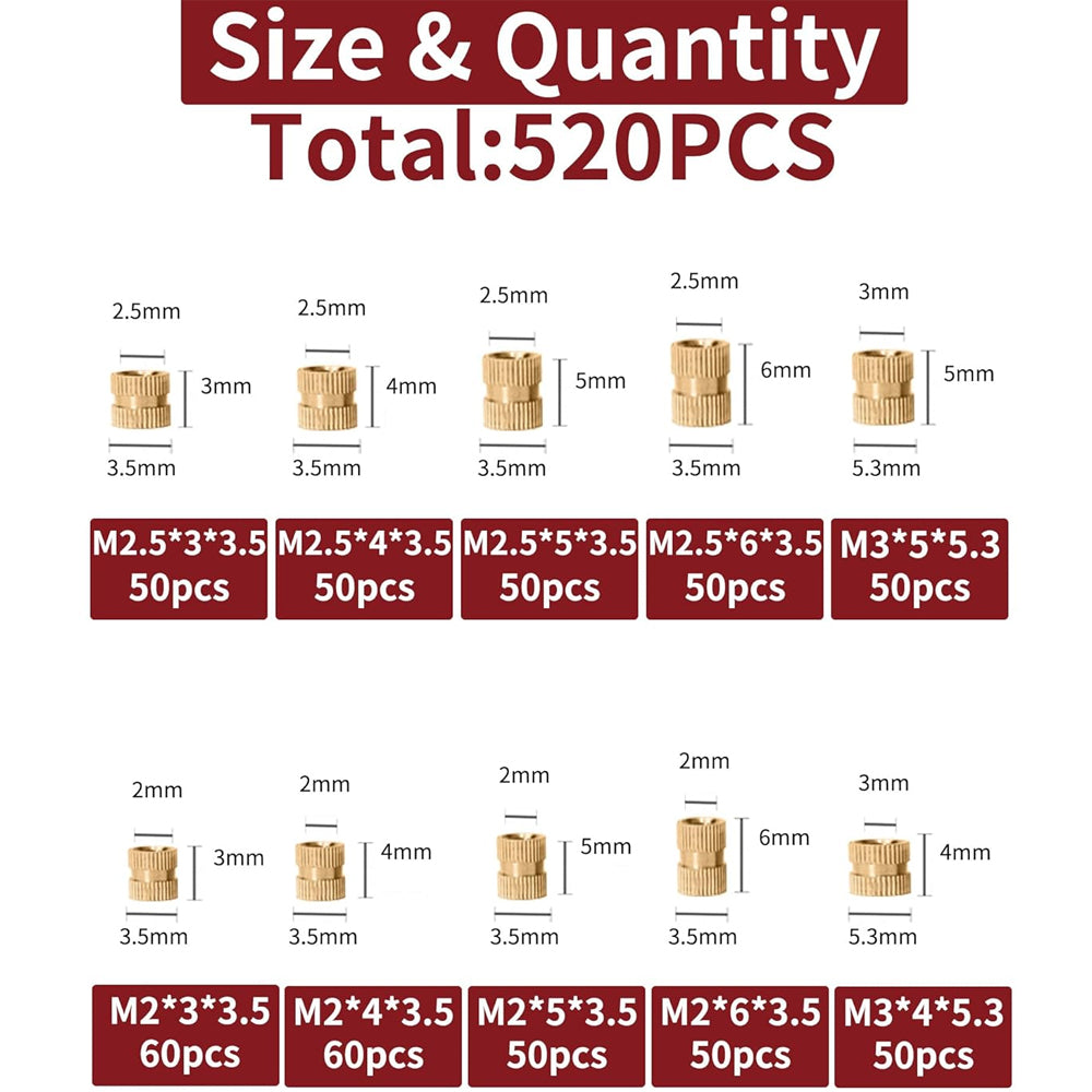 520pcs Brass Threaded Inserts Kit M2 M2.5 M3 Knurled Heat-Set Nuts for 3D Print