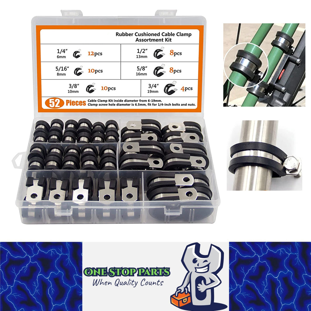 52pcs Assorted P Cable Clamps Assortment Kit, 304 Stainless Steel Rubber Cushion