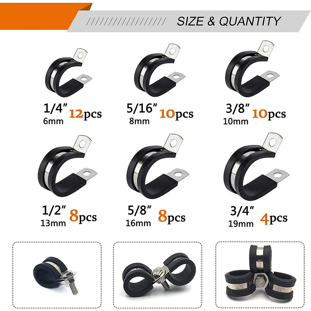 52pcs Assorted P Cable Clamps Assortment Kit, 304 Stainless Steel Rubber Cushion