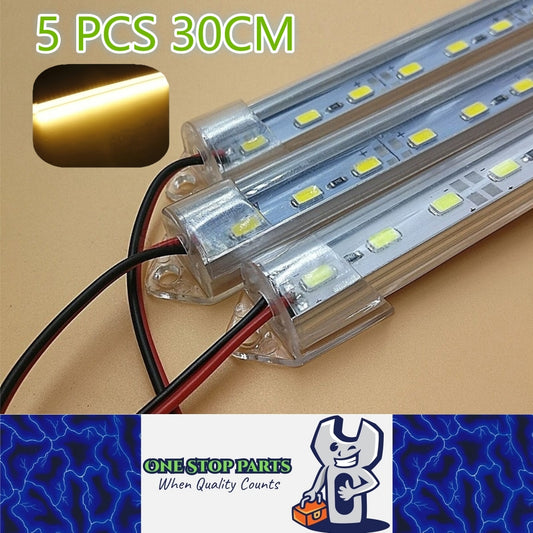 5 x 12v 30cm Warm White Aluminium Body LED Strip with Clear Lens and end mounts