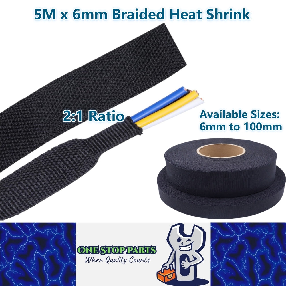 5M x 6mm 2:1 Black Heat Shrink Braided Sleeve Shrinks 6mm to 3mm Braided Sleeve