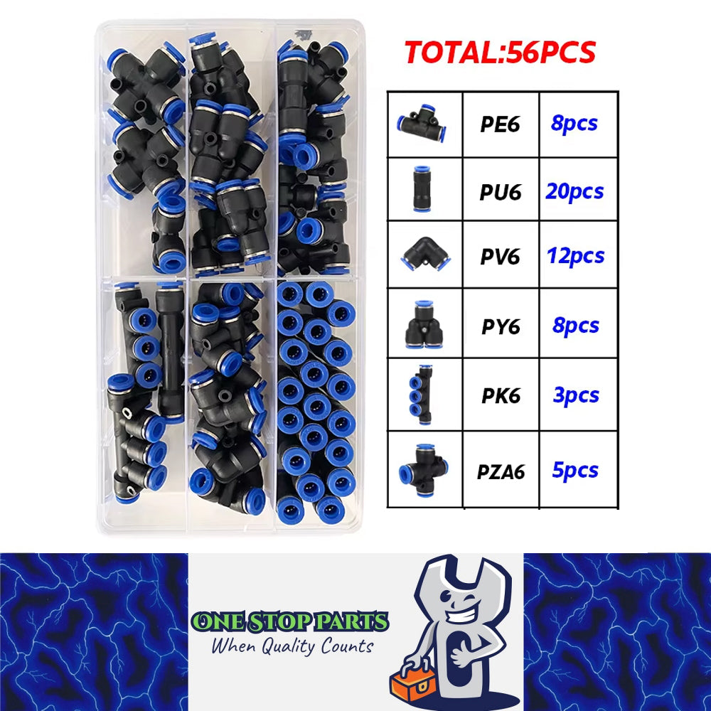 56pcs 6mm Air Pneumatic Connectors Fittings Kit with PE/PU//PV/PY/PK/PZA Plugs