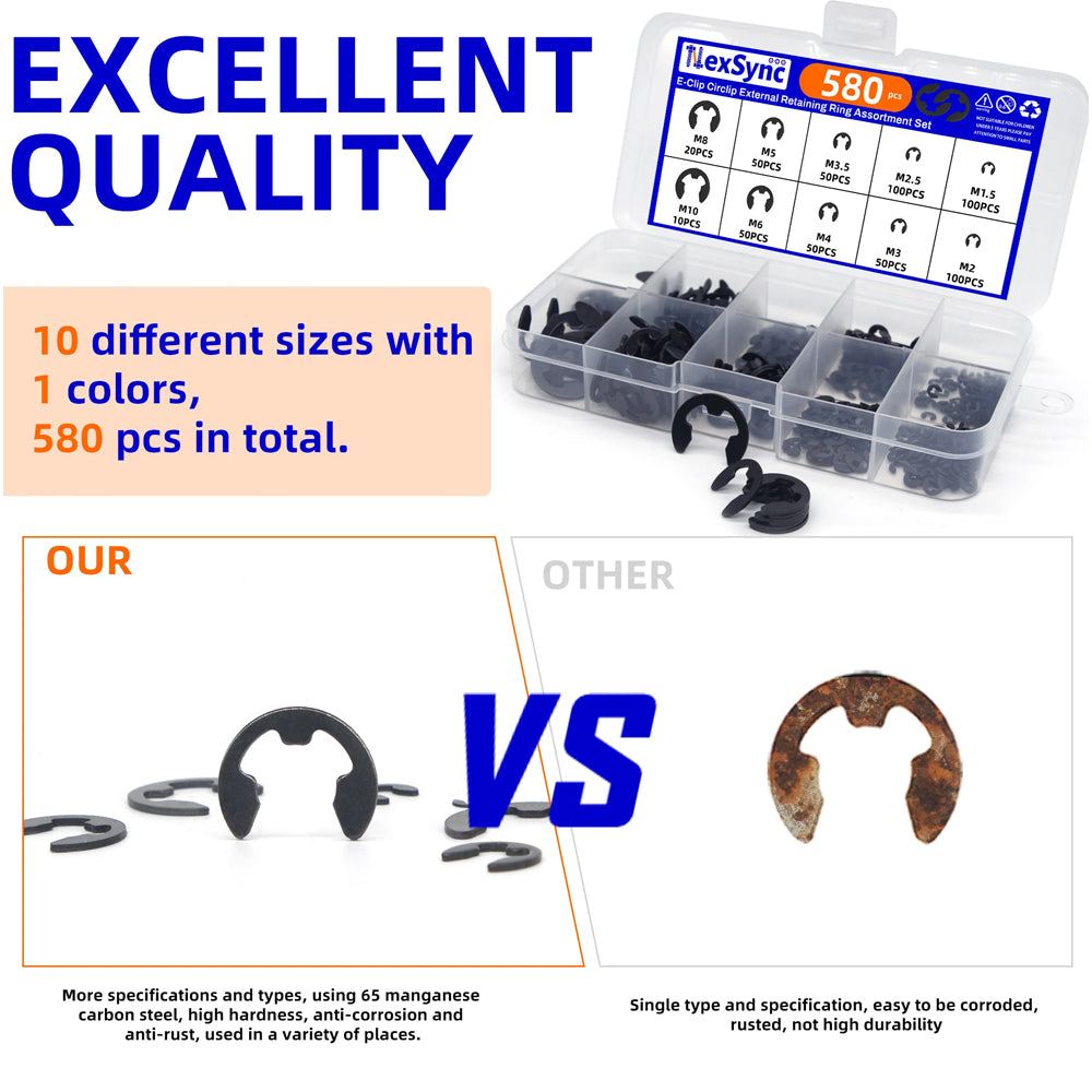 580pcs E-Clips M1.5-M10 Circlip Washer Kit 10 Sizes 65Mn Steel Retaining Ring
