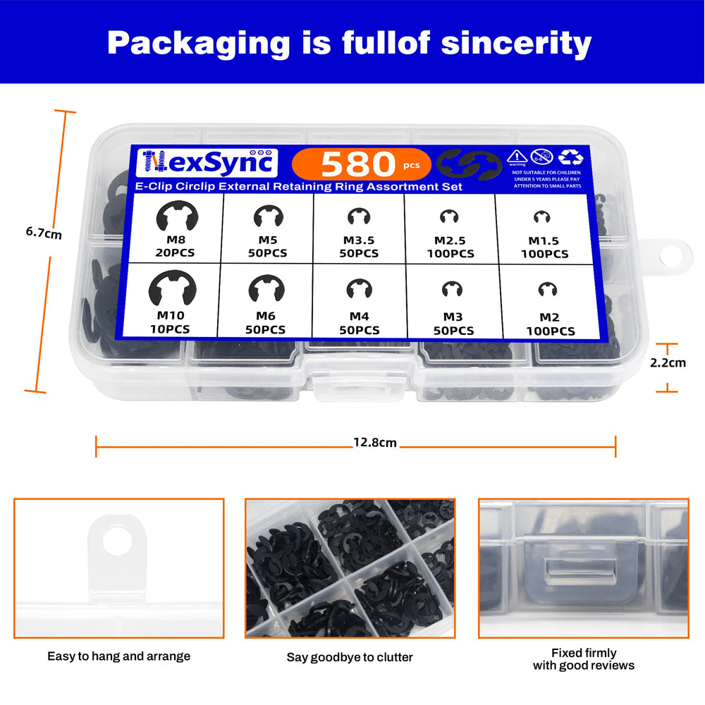 580pcs E-Clips M1.5-M10 Circlip Washer Kit 10 Sizes 65Mn Steel Retaining Ring