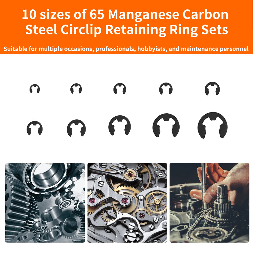 580pcs E-Clips M1.5-M10 Circlip Washer Kit 10 Sizes 65Mn Steel Retaining Ring