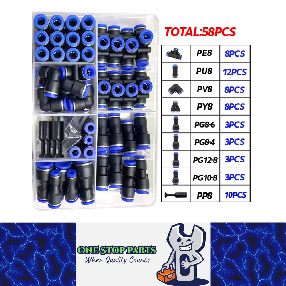 58pcs 8mm Air Pneumatic Connectors Fittings Kit with PU/PG/PE/PY/PV PP Plugs