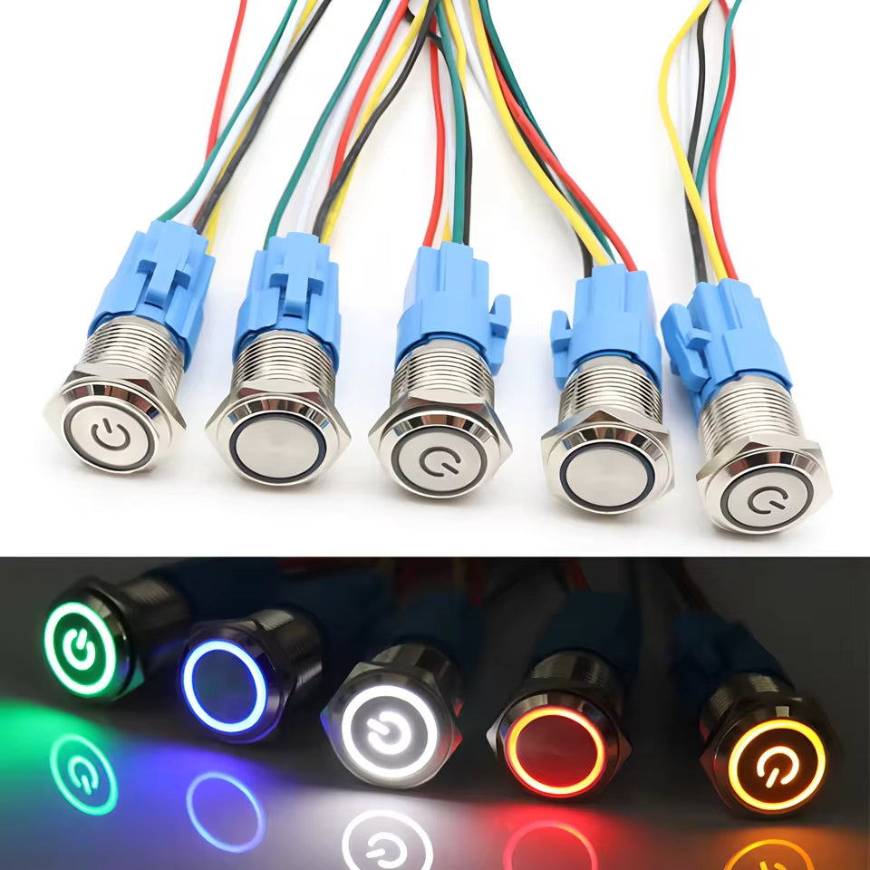 2 x 19mm Metal Push Button Switch Red LED 12V-24V Pre-Wired Self-Rest Switch