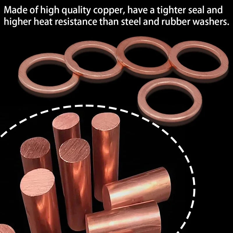 100 x Assorted Copper Sump Plug Washers M4 M5 M6 M8 M10-M14 Suits Most Vehicles
