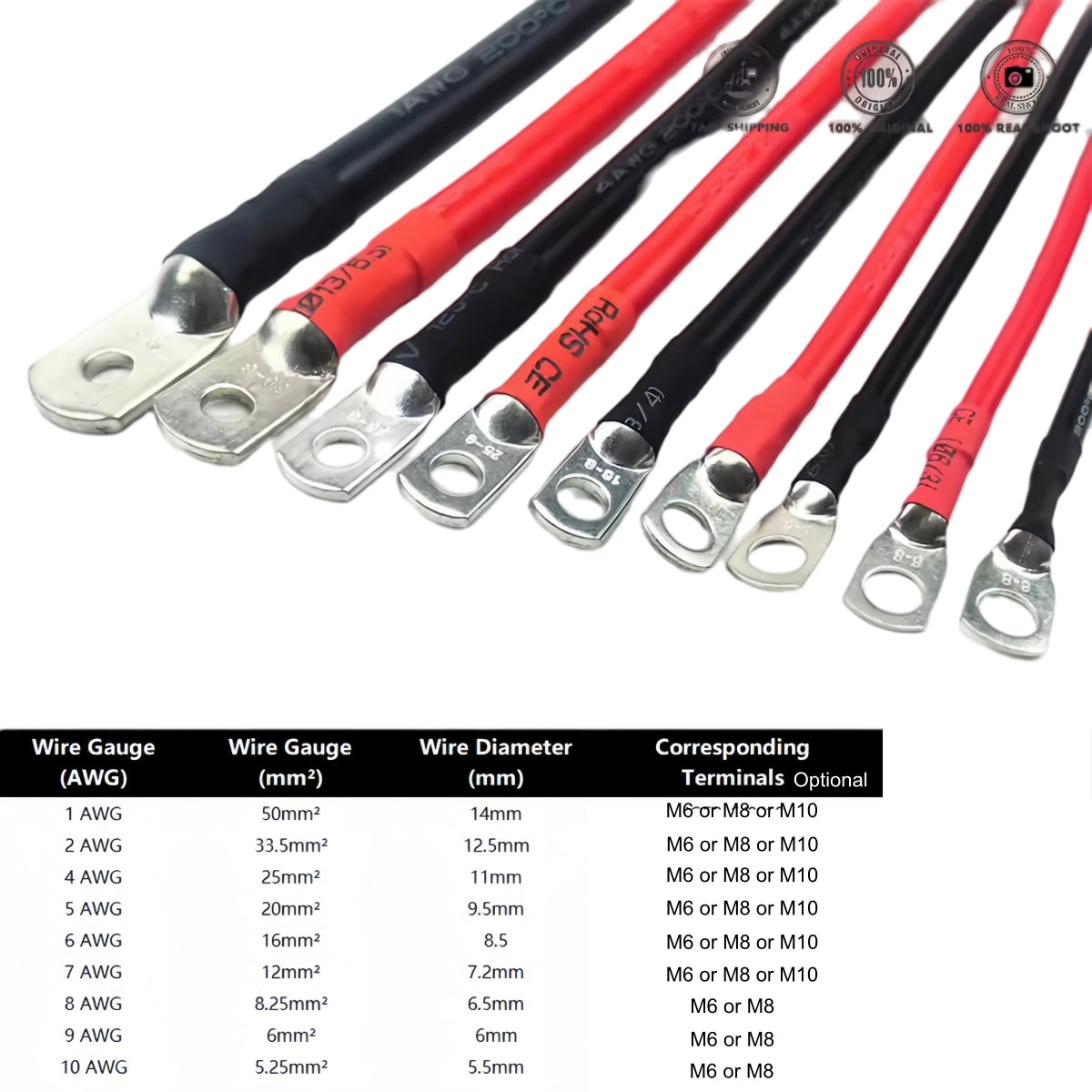 Pair 80cm 8AWG Car Battery Cables Black Red Silicone Cable with M6 Eye Terminals