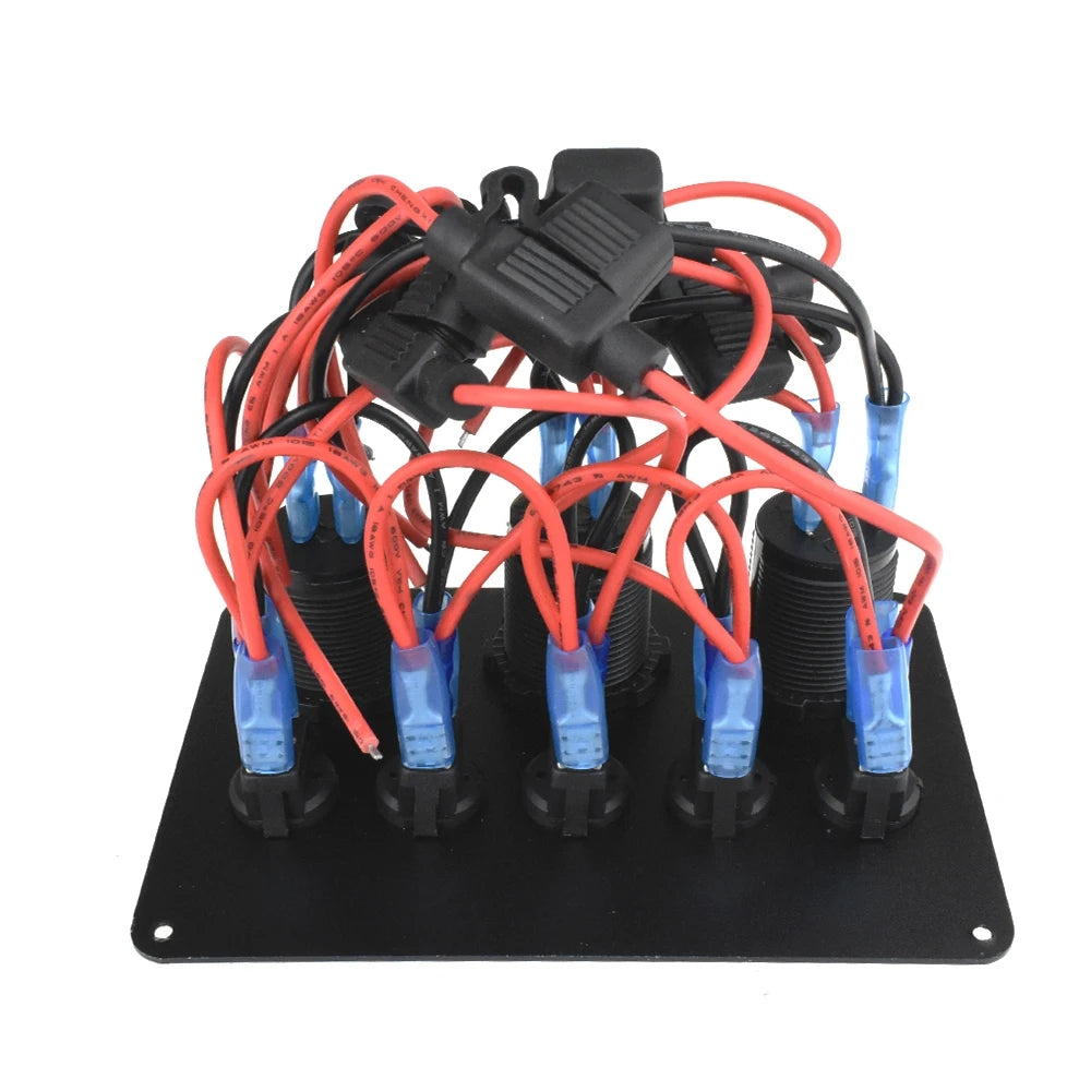 12-24V Blue 5 Switch Panel USB Port 12V Outlet Combination Marine LED Rocker