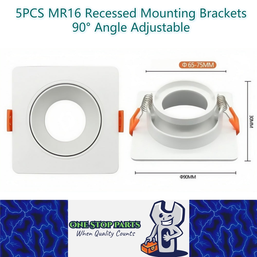 5 x MR16 Recessed Mounting Bracket White Square Angle Adjustable Mounting Frame