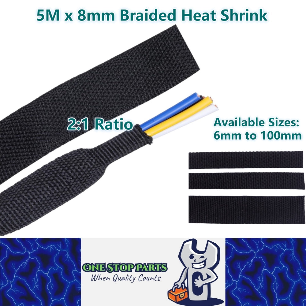 5M x 8mm 2:1 Black Heat Shrink Braided Sleeve Shrinks 8mm to 4mm Braided Sleeve