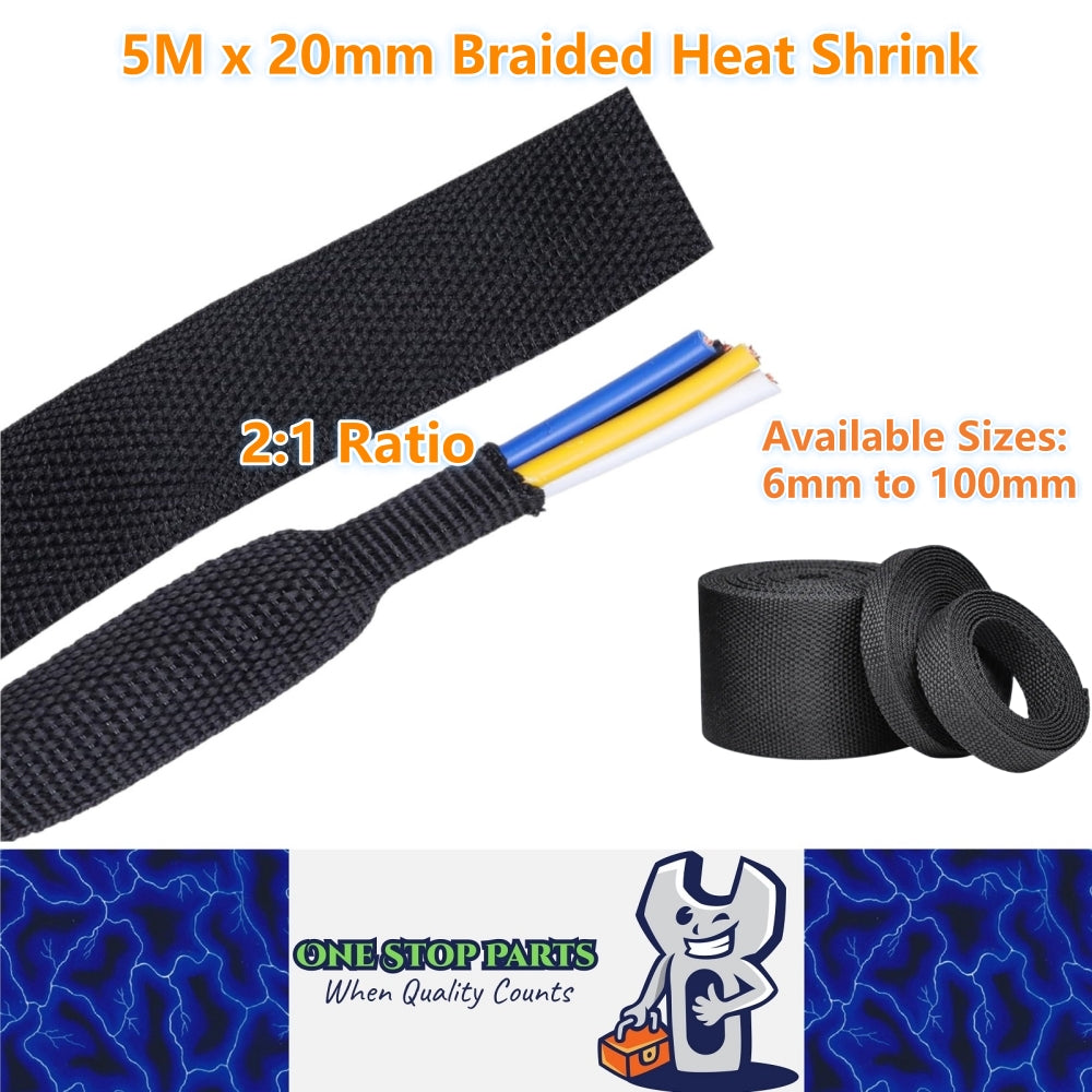5M x 20mm 2:1 Black Heat Shrink Braided Sleeve Shrink 20mm to 10mm Sleeve