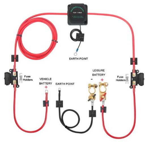 12v Dual Battery Kit Voltage Sense Relay Isolator, Fuses, Terminals (5 Meter)