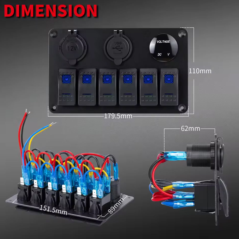 6 Gang Blue LED Rocker Switch Panel with 2.1A Dual USB Port 12V Outlet Voltmeter