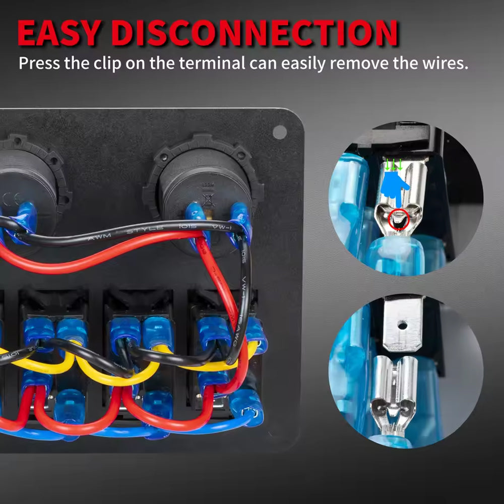 6 Gang Blue LED Rocker Switch Panel with 2.1A Dual USB Port 12V Outlet Voltmeter