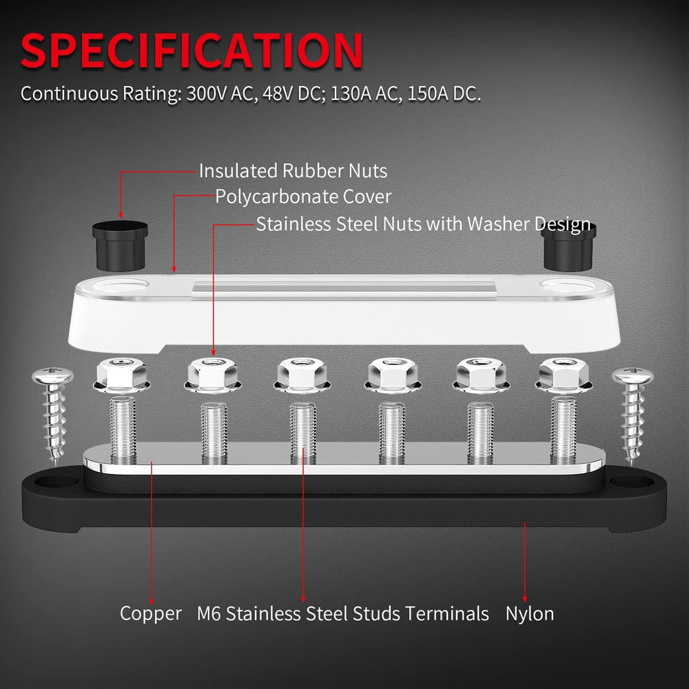 M6 Bus Bar 12V-48V 150A Power Distribution Block 6xM6 Posts Studs Terminal Block