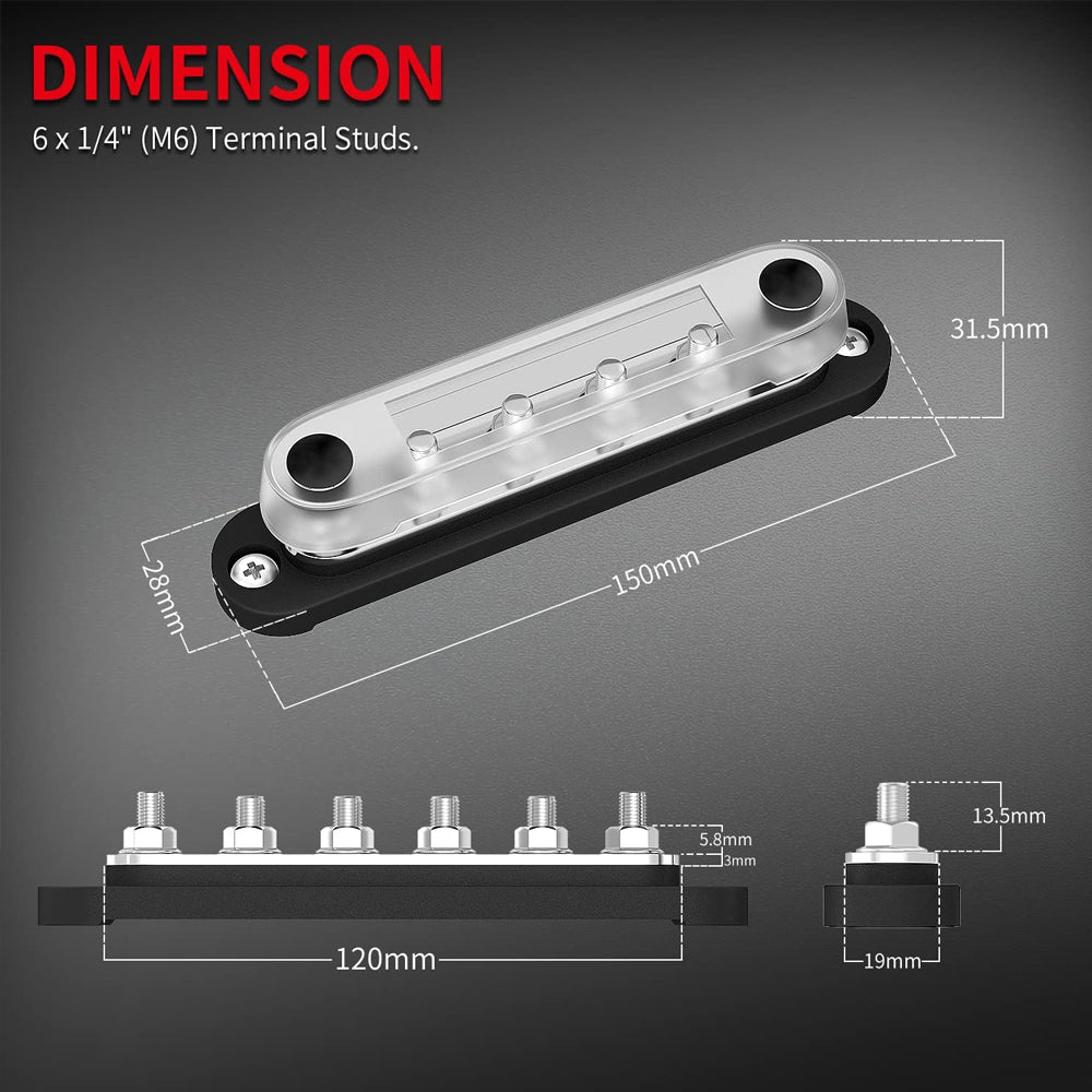 M6 Bus Bar 12V-48V 150A Power Distribution Block 6xM6 Posts Studs Terminal Block