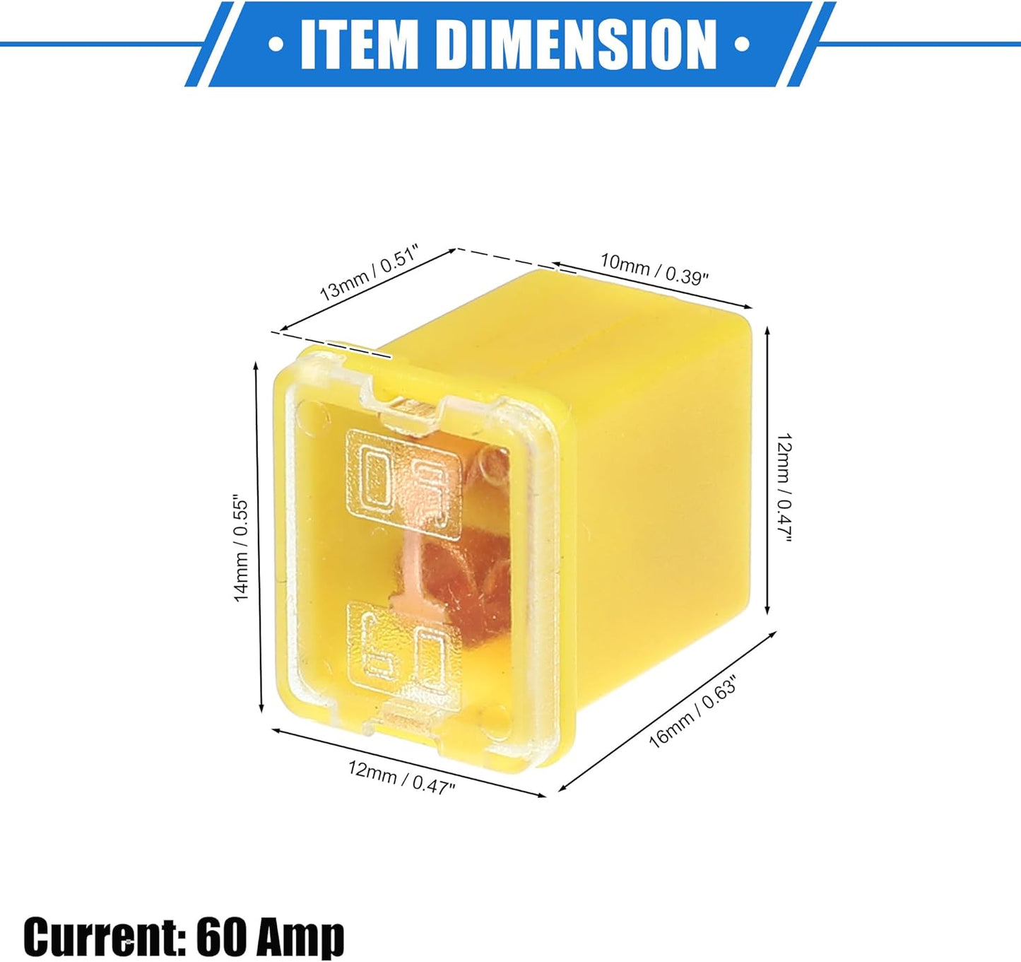 1 x 60Amp Yellow Mini Slow Blow Fuse Block 10mmx12mm x 16mm High 60A Fuse (1pc)