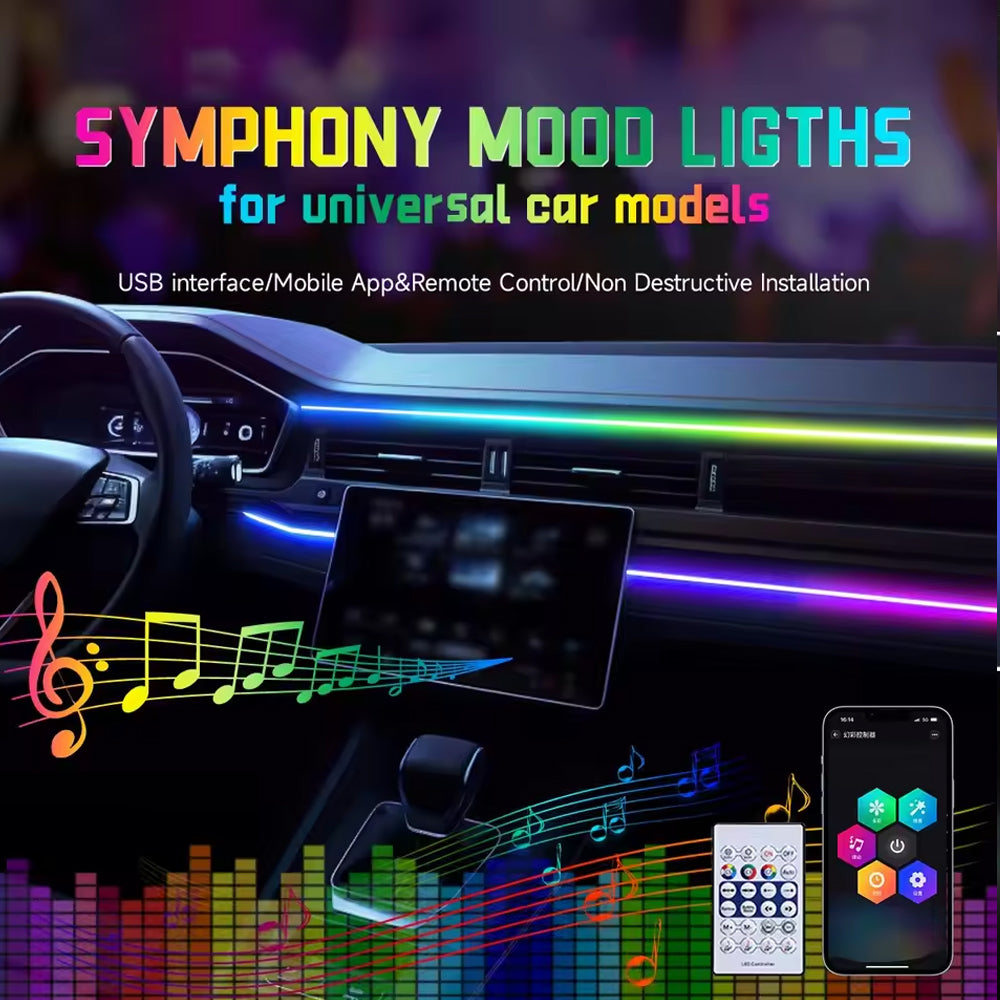 Car LED Ambient Light 64 Colours App Remote Control USB Atmosphere Strip Lamp
