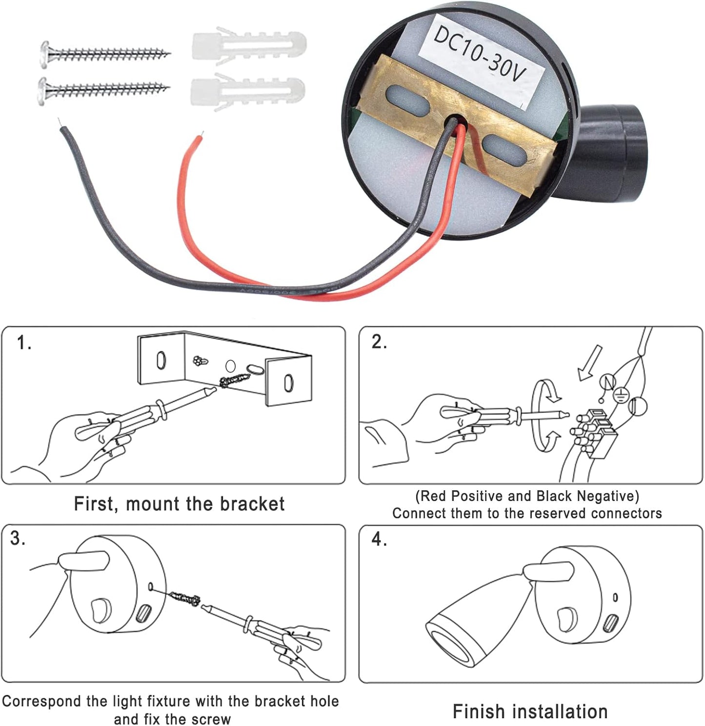 12v-24v Black Cool White LED Bedside Reading Light with Switch and USB (1pc)
