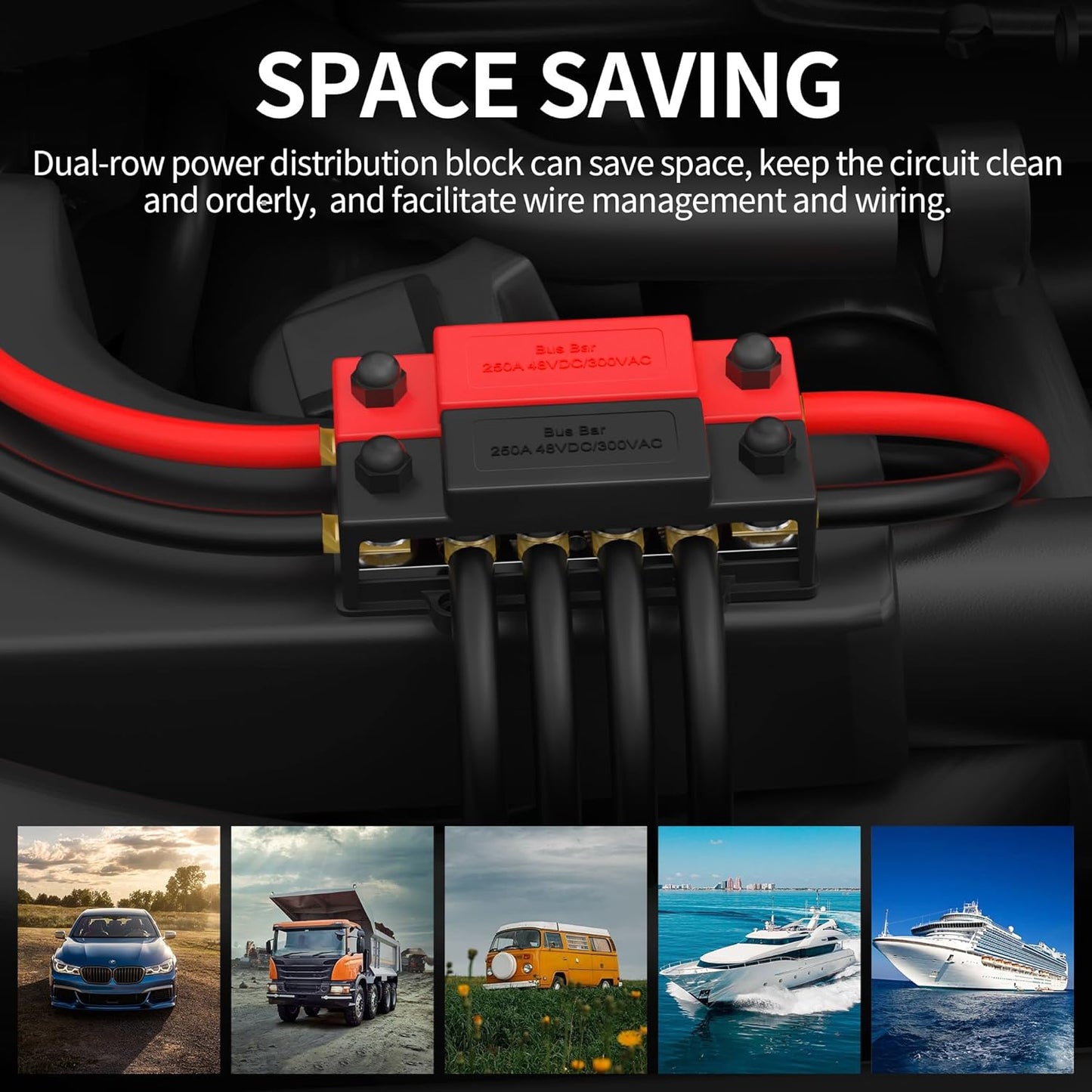 Dual M8 Bus Bar 12V-48V 250A Power Distribution Block 12xM8 Posts Studs Terminal