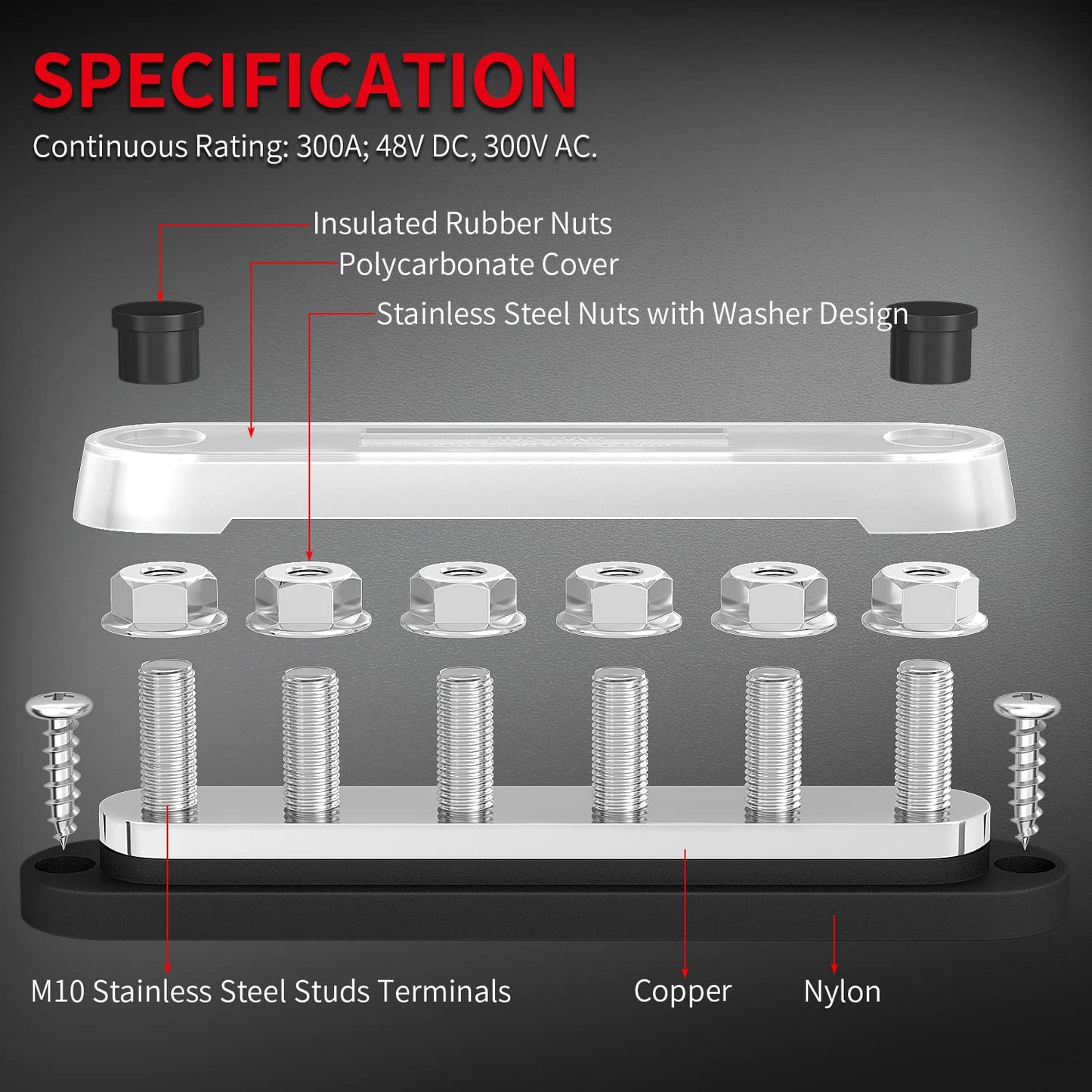 M10 Bus Bar 12V-48V 300A Power Distribution Block 6 x M10 Posts Studs Terminals