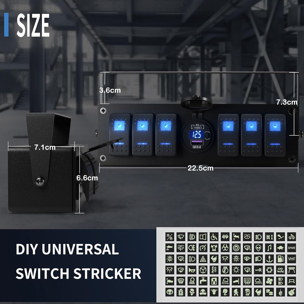 6 Gang Rocker Switch Box Switch Panel with PD + QC3.0 USB Outlet and Voltmeter