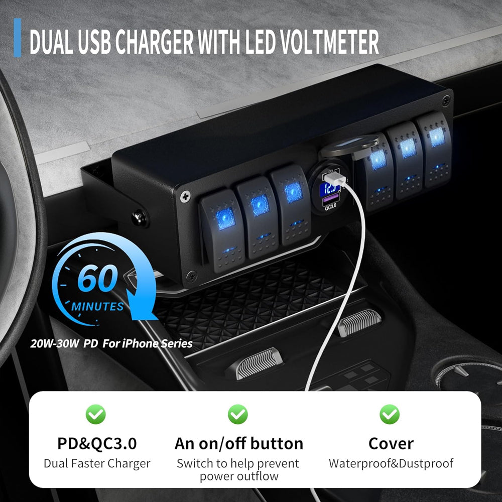 6 Gang Rocker Switch Box Switch Panel with PD + QC3.0 USB Outlet and Voltmeter