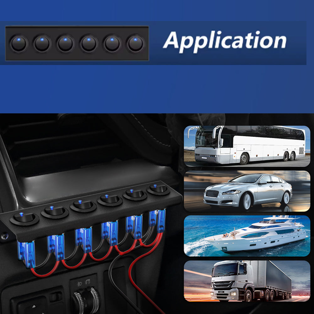 12V -24V Pre Wired 6 Gang Switch Panel LED Rocker Switch Panel Car Truck Marine