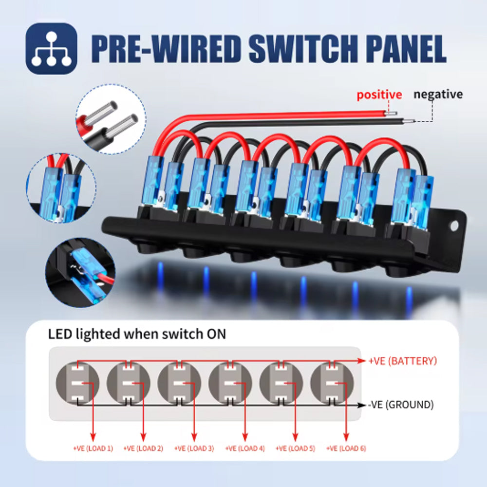 12V -24V Pre Wired 6 Gang Switch Panel LED Rocker Switch Panel Car Truck Marine