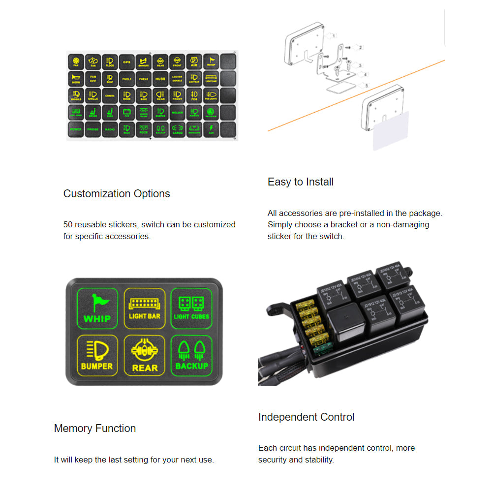 6 Gang Switch Panel with 6 Way Relay Box 6 Way Fuse Holder 12V Circuit System