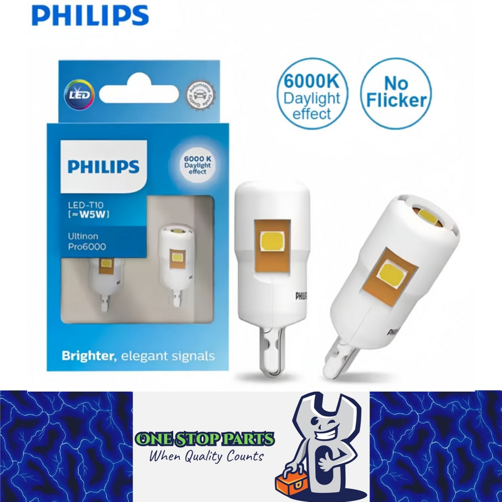 2 x Philips T10 W5W LED Globes 12V 6000K Daylight White Philips T10 LED Globes