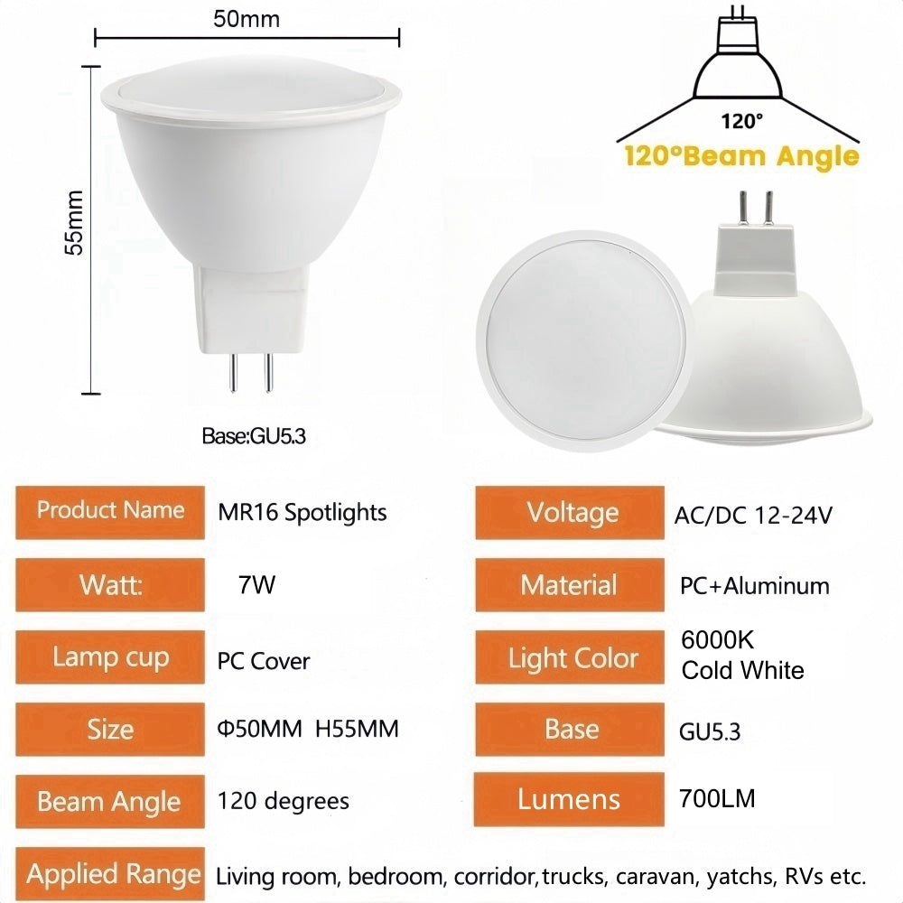 8 x MR16 7W LED Spotlight AC/DC 12-24V 120 Degree 6000K Cold White Downlight