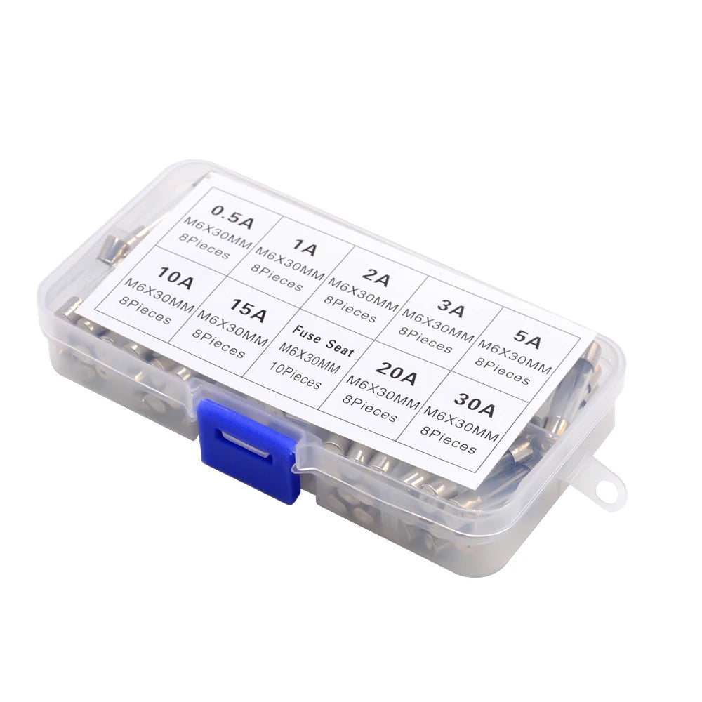 72pcs 6x30mm Glass Fuses Assorted Kit 10 Values 250V 0.5A-30A Car Glass Fuses