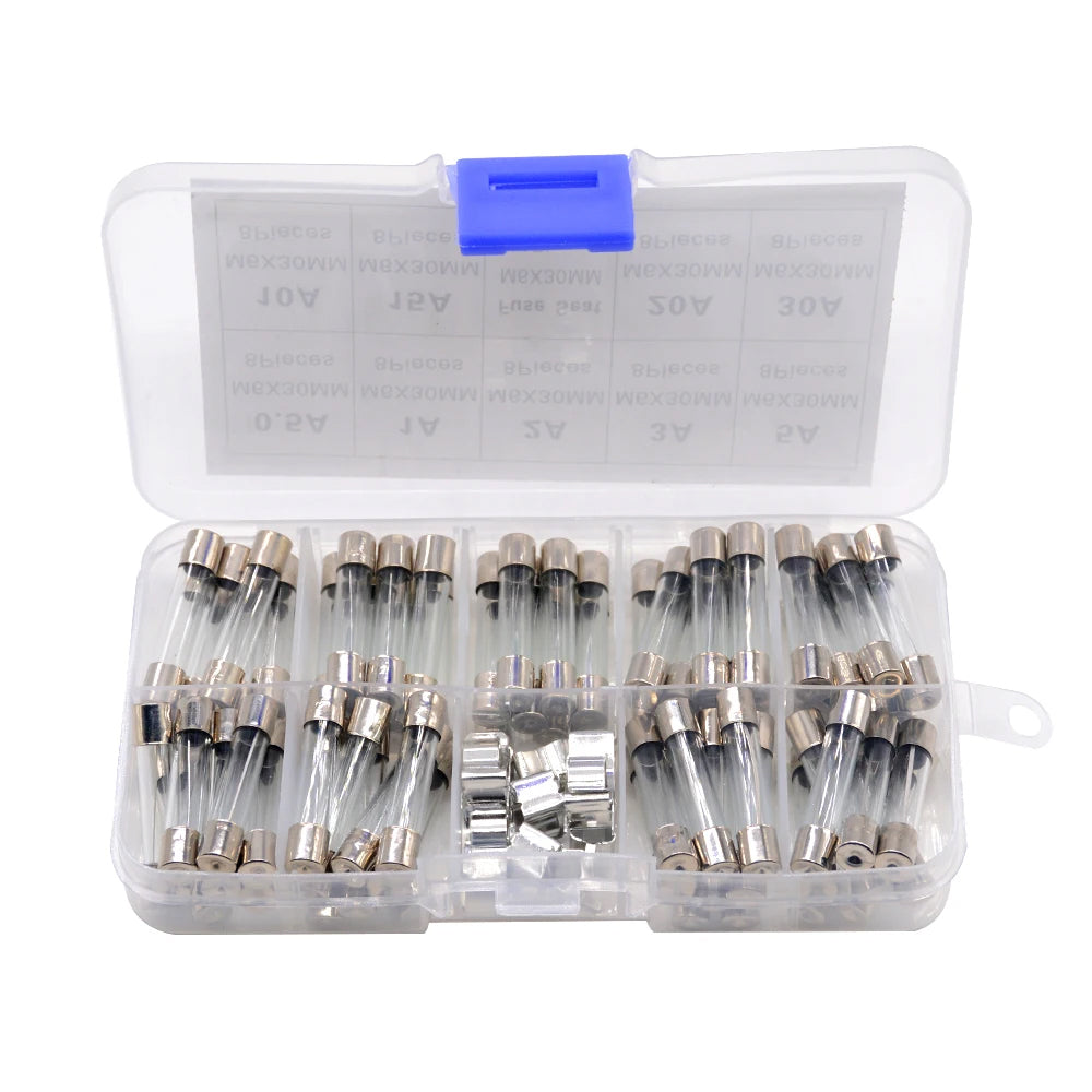72pcs 6x30mm Glass Fuses Assorted Kit 10 Values 250V 0.5A-30A Car Glass Fuses