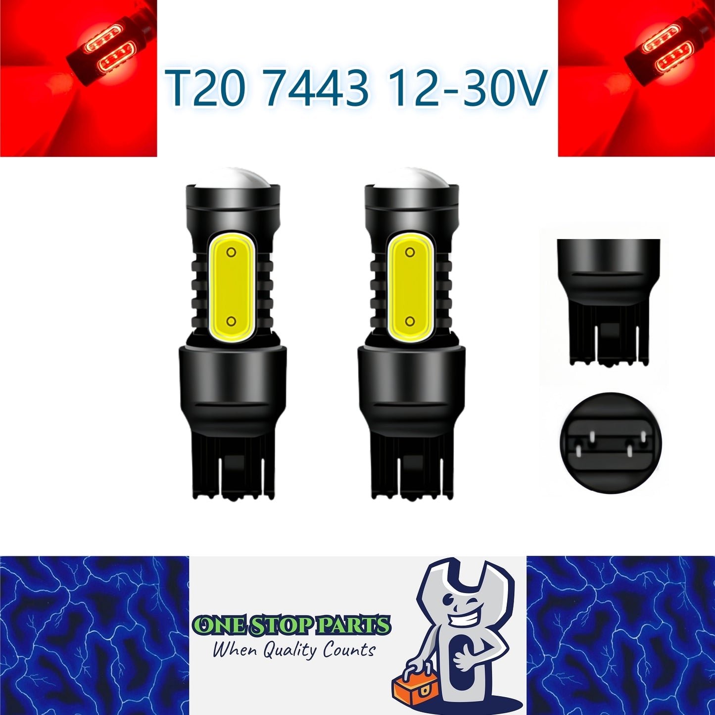 2 x T20 7443 12v Red Dual Brightness LED 5smd COB super Bright (2pcs)