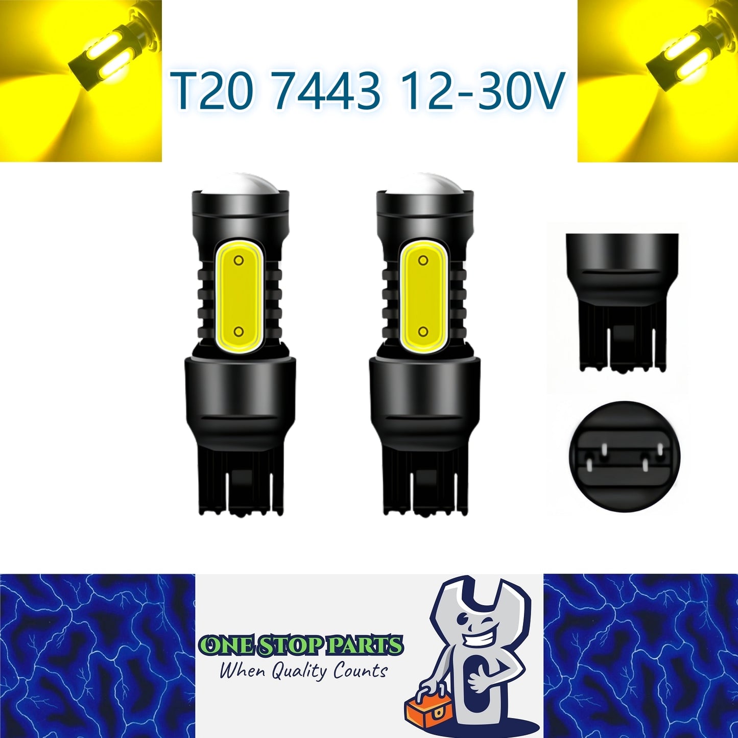 2 x T20 7443 12v Yellow Dual Brightness LED 5smd COB super Bright (2pcs)