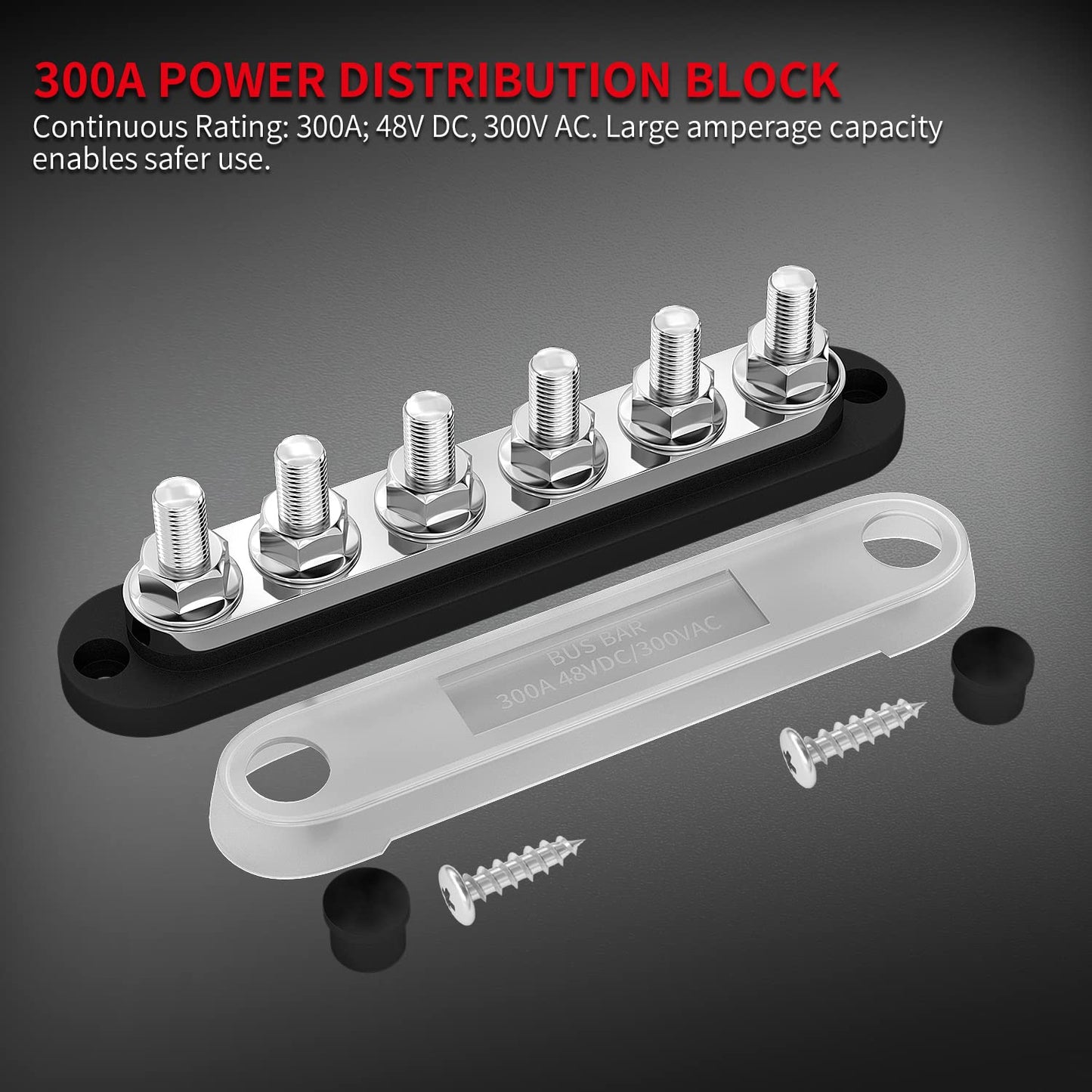 M10 Bus Bar 12V-48V 300A Power Distribution Block 6 x M10 Posts Studs Terminals