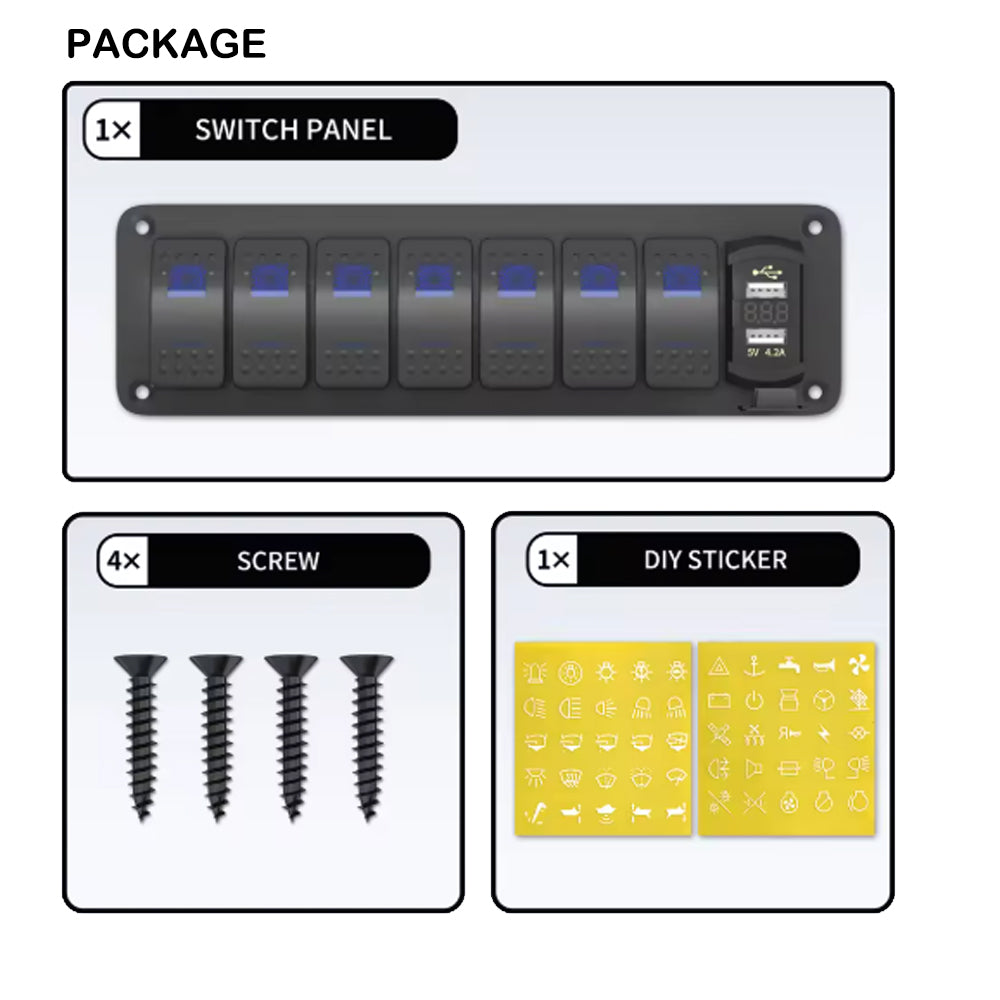 12V-24V Pre Wired 7 Gang Switch Panel LED Rocker Switch Panel with Volt USB Port