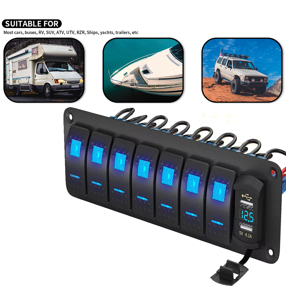 12V-24V Pre Wired 7 Gang Switch Panel LED Rocker Switch Panel with Volt USB Port